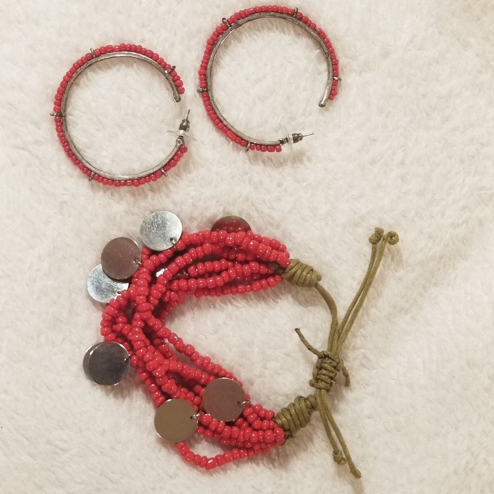 2-pc silver & red beaded jewelry set